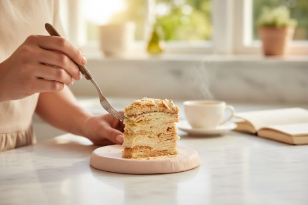 Класичний торт “Наполеон” із хрусткими шарами тіста й ніжним ванільним заварним кремом. Домашній рецепт із перевіреним смаком — ідеальний десерт для родини!